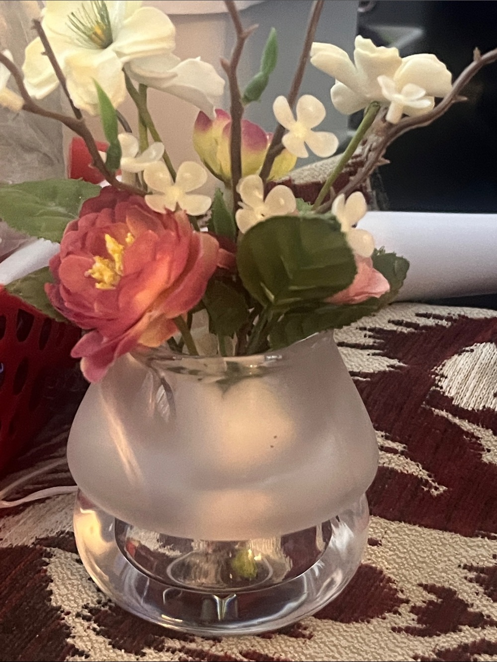 Pretty Faux Floral arrangement in a vintage frosted  votive candle holder 698